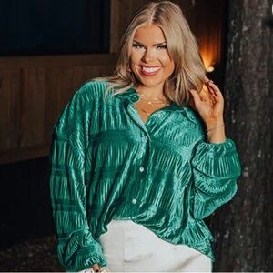 Impressions Velvet Stretchy Jade Green Buttondown Blouse Shirt